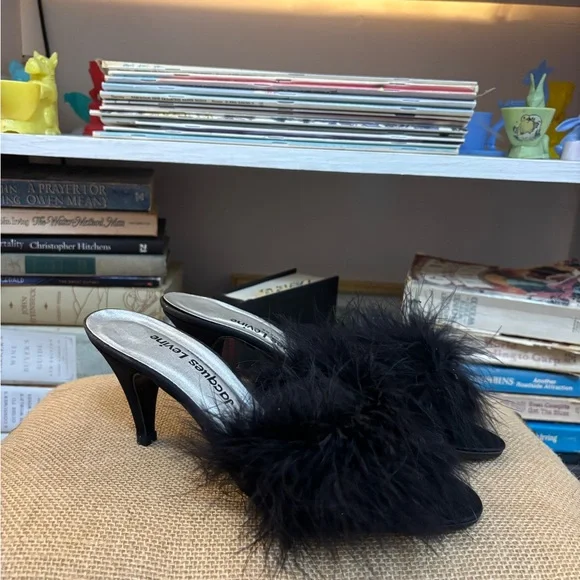 Women's Black Feathered Heels - Picture 1 of 5